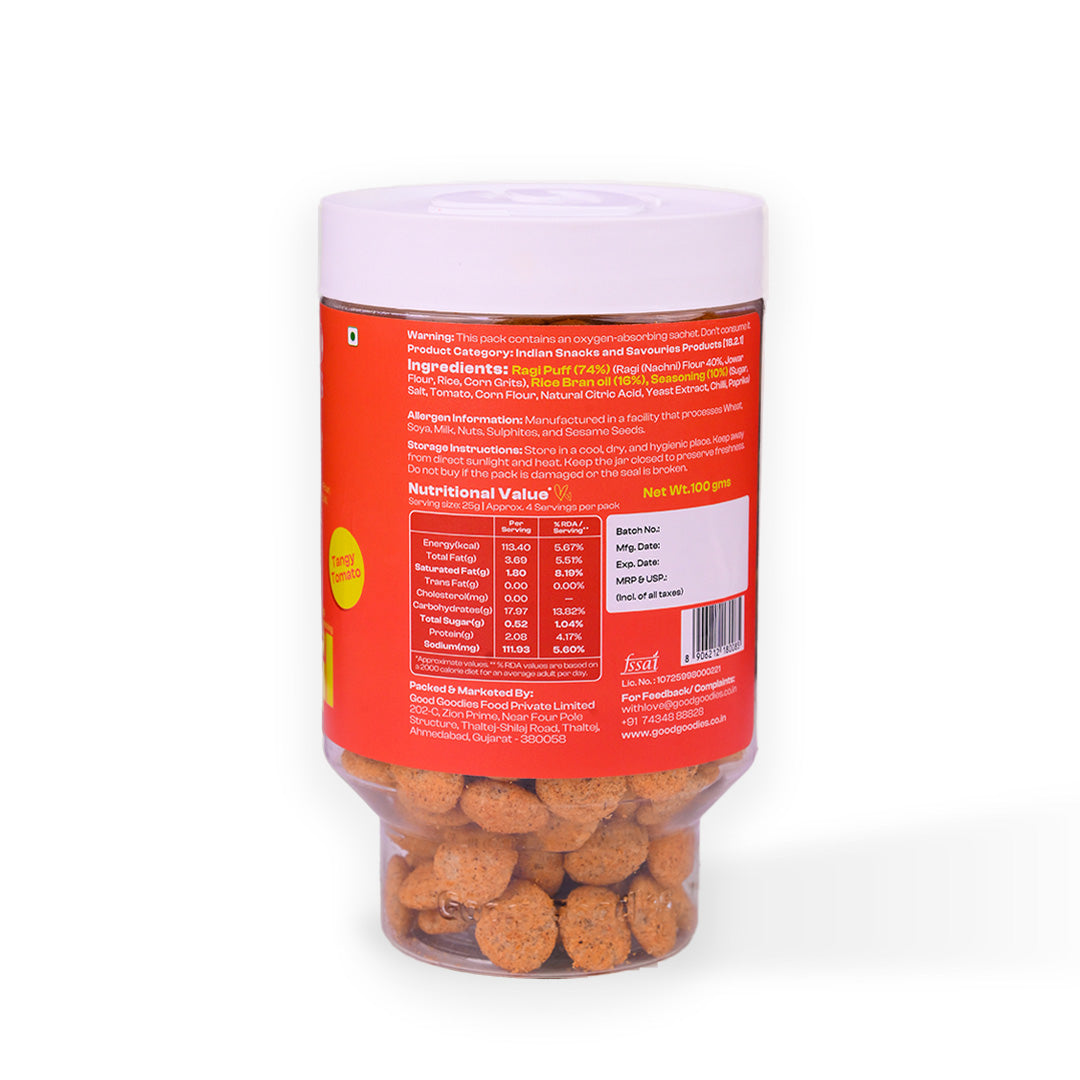 Baked Ragi Puffs Tangy Tomato 100g | Millet Snack | Baked Not Fried | No Maltodextrin | No Palm Oil | No Artificial Preservatives