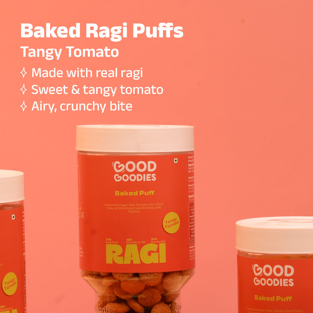 Baked Ragi Puffs Tangy Tomato 100g | Millet Snack | Baked Not Fried | No Maltodextrin | No Palm Oil | No Artificial Preservatives