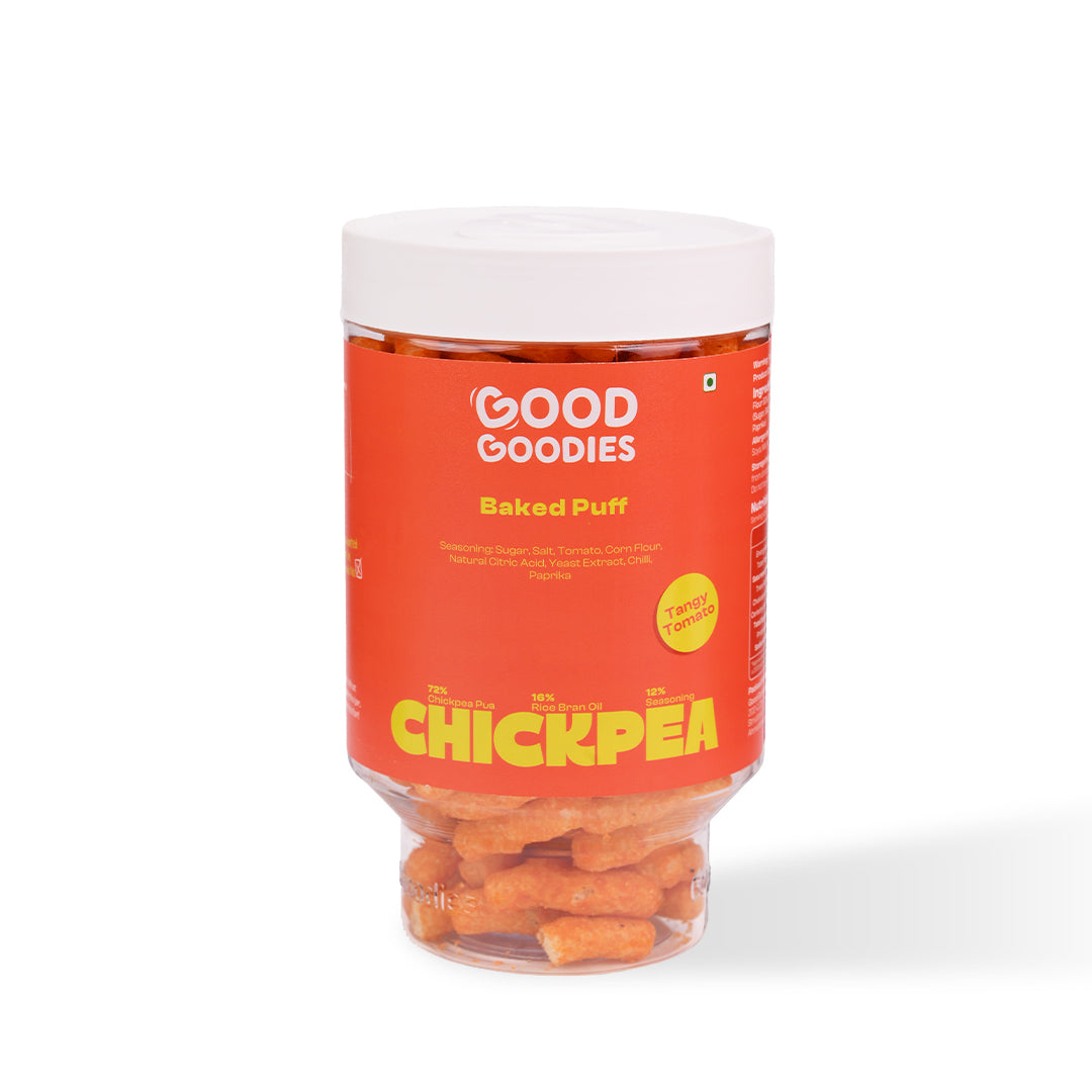 Jar of 'Good Goodies' chickpea baked puffs