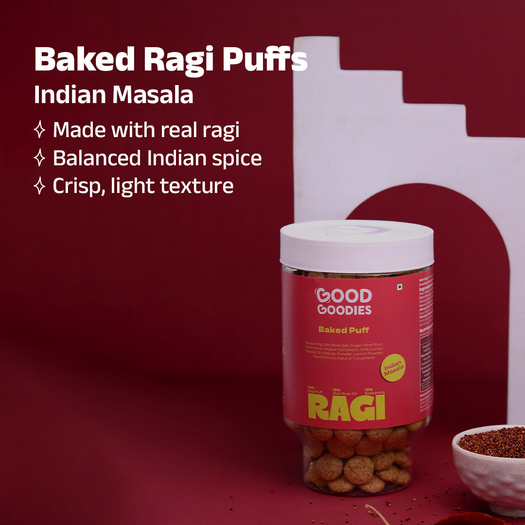 Baked Ragi Puffs Indian Masala 100g | Millet Snack | Baked Not Fried | No Maltodextrin | No Palm Oil | No Artificial Preservatives
