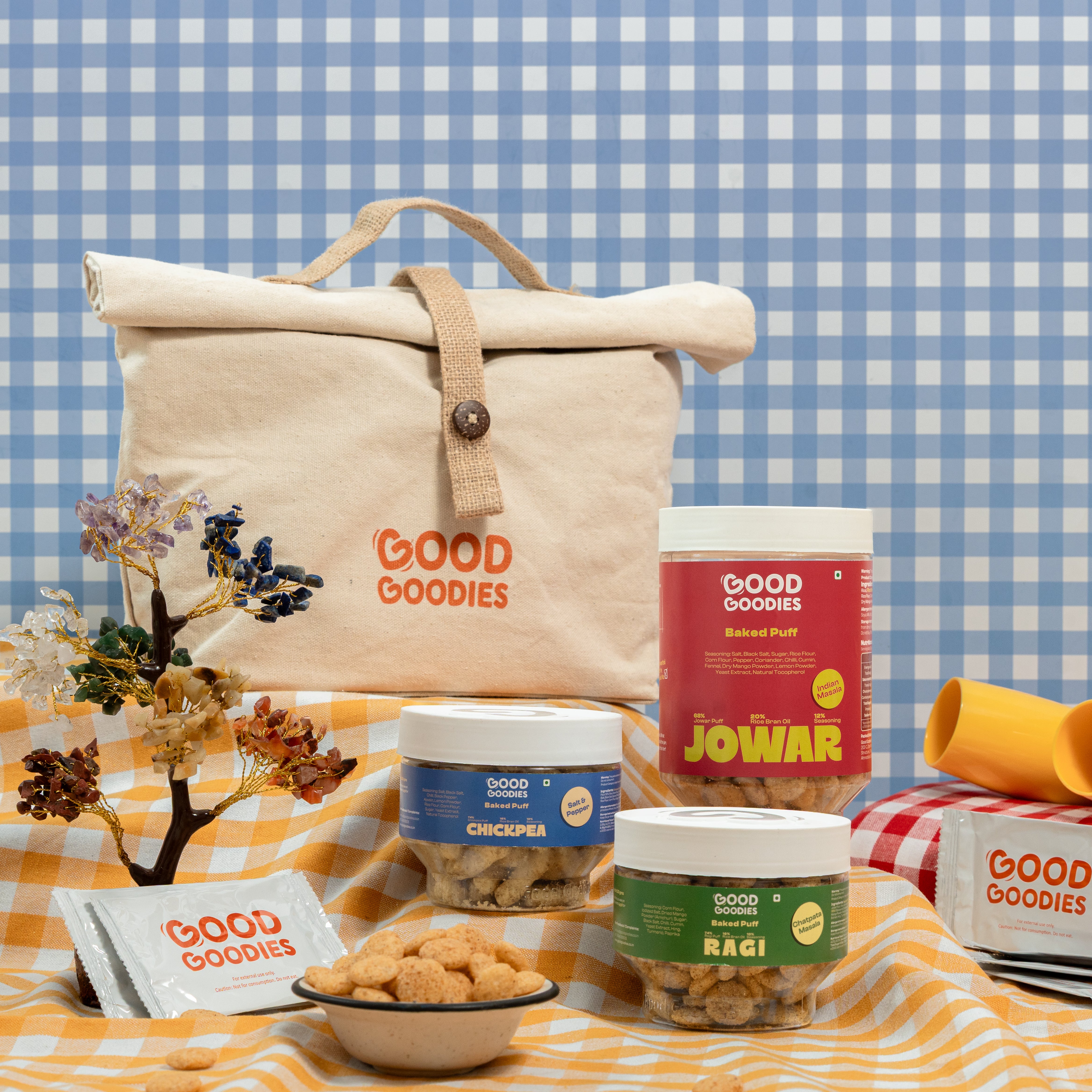 Good Goodies Gifting Hamper - Variety Baked Snacks + 7 Chakra Stone Tree + Canvas Bag