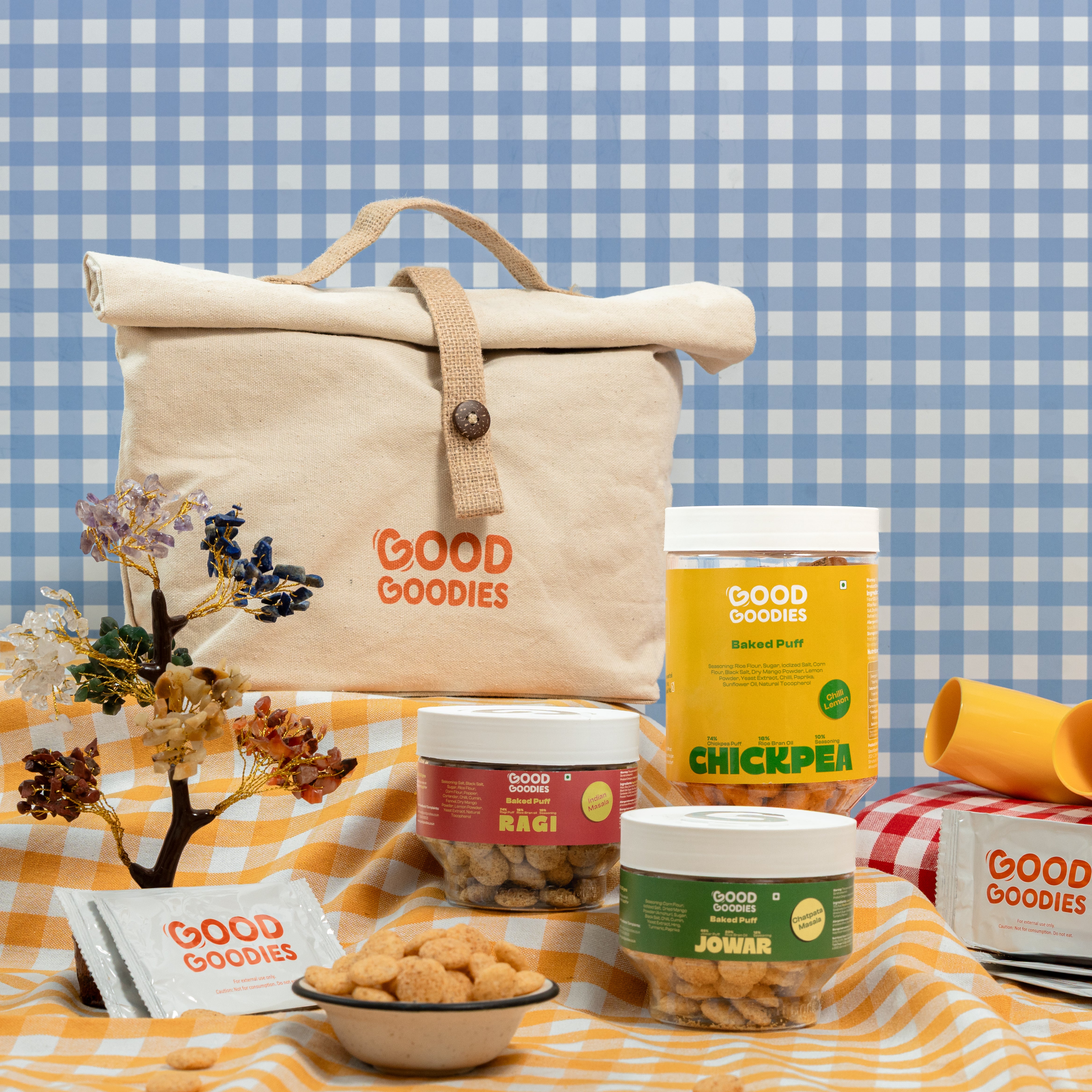 Good Goodies Gifting Hamper - Spicy Baked Snacks + 7 Chakra Stone Tree + Canvas Bag